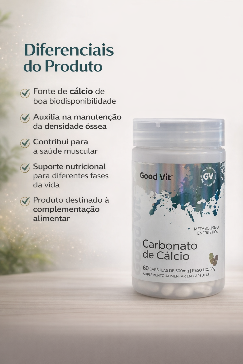 Carbonato de Cálcio Ossos Fortes 500mg 60 Cápsulas Good Vit