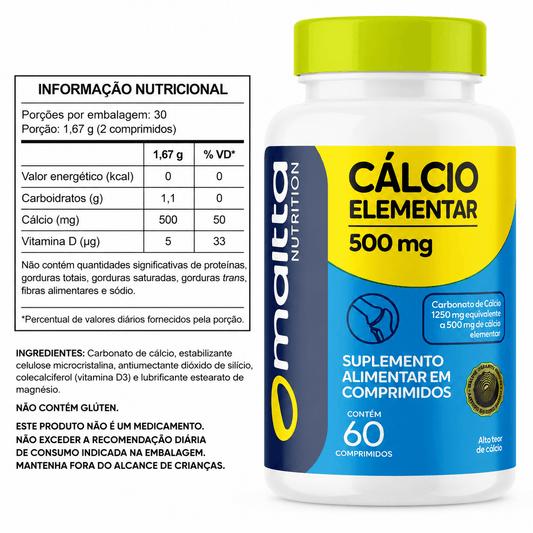 Frasco de cálcio e vitamina D Maltta 500mg para saúde óssea, com informação nutricional ao lado.
