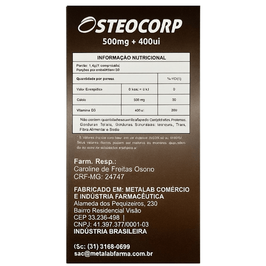 Osteocorp Cálcio 500mg + Vitamina D3 400UI 60 Comprimidos | Metalab