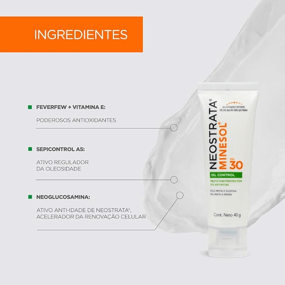 Imagem dos ingredientes do Neostrata Minesol Oil Control FPS 30, mostrando ativos para controle de oleosidade.