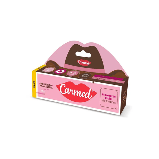 Embalagem do protetor labial Carmed Brigadeiro Ana Castela 10g com efeito gloss.