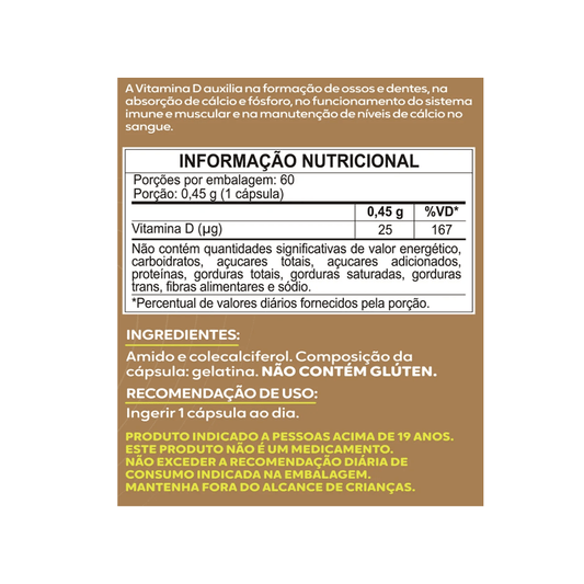 Vitamina D3 1000UI 60 Cápsulas Suplemento Alimentar - Maltta