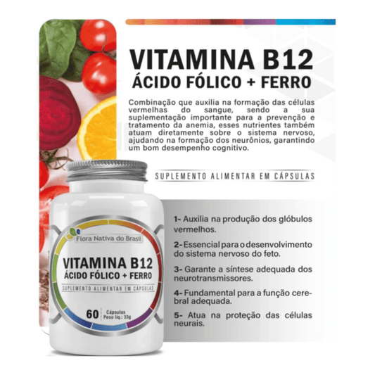 Kit C/3 Vitamina B12 + Ácido Fólico + Ferro 500mg C/60 Cápsulas - Flora Nativa