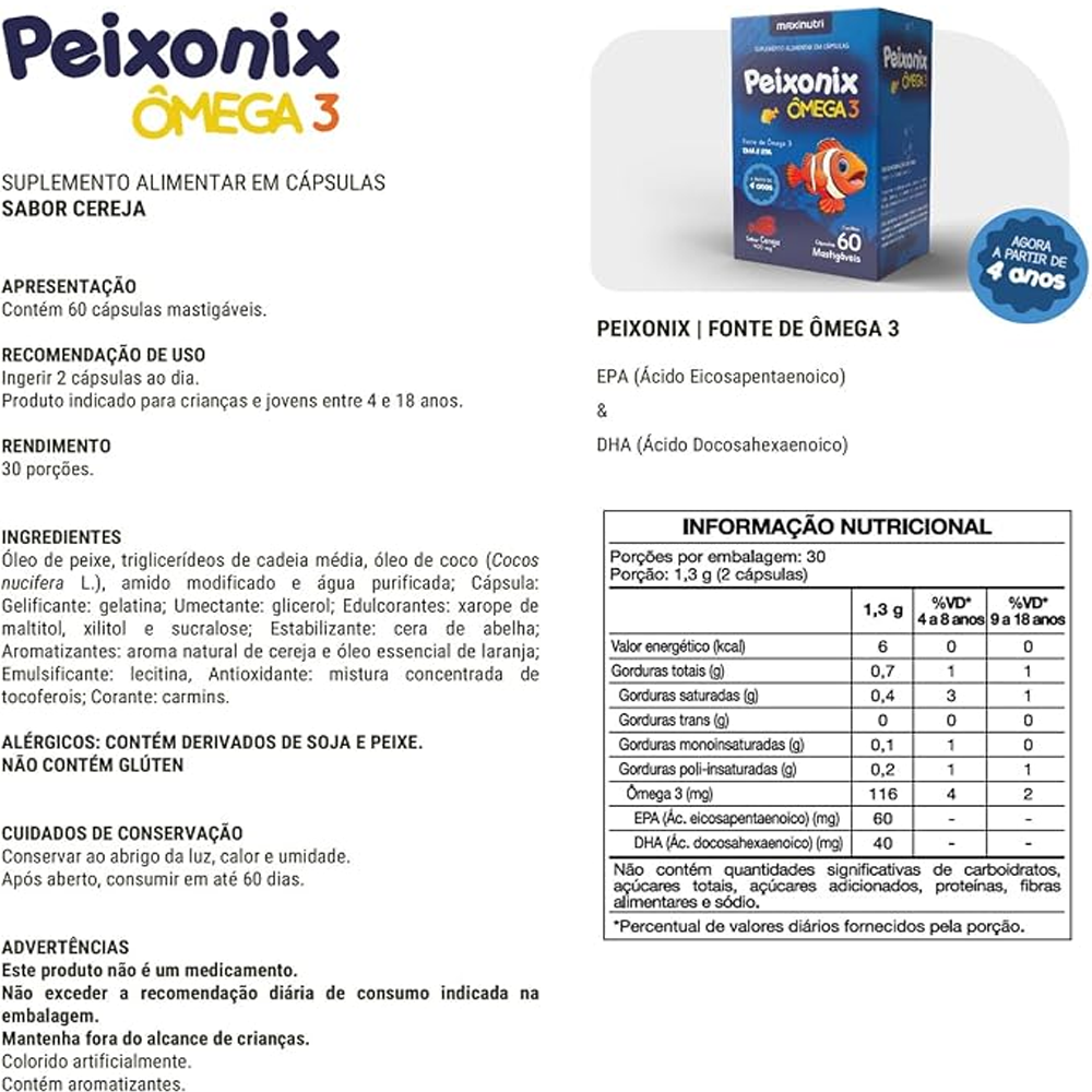 Peixonix Ômega 3 Mastigável Sabor Cereja 60 Cápsulas embalagem e informações nutricionais