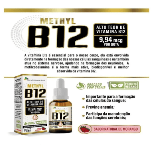 Kit 3x Vitamina B12 Morango 20ml - Metilcobalamina 9,94 mcg por gota - Flora Nativa