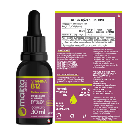 Kit C/3 Vitamina B12 Solução - 30ml Frutas Vermelhas - Maltta