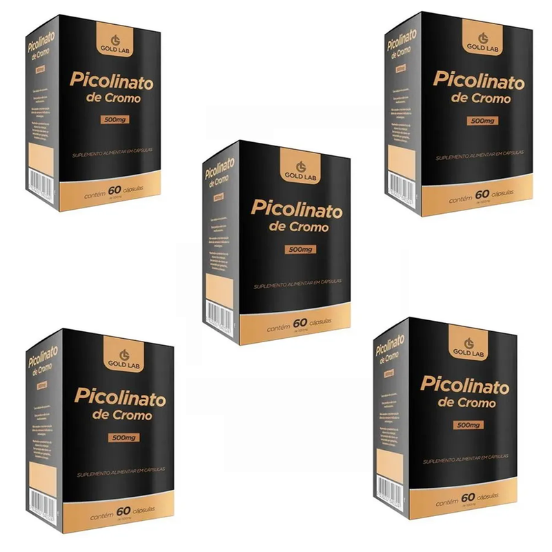 Kit C/5 Picolinato Cromo Emagrecimento 500mg 60 Cápsulas - Gold Lab
