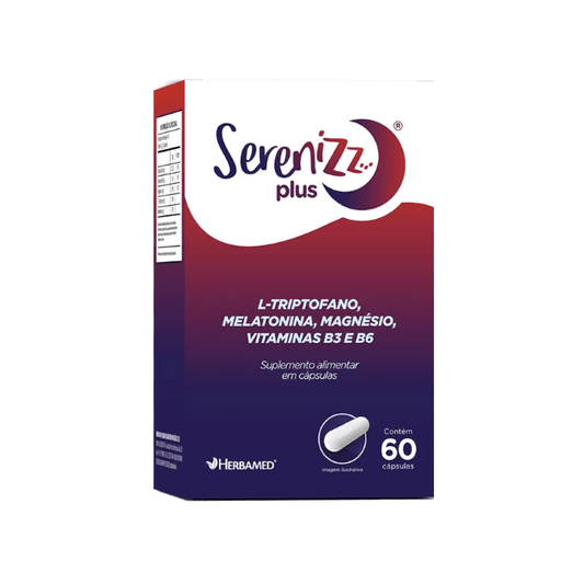 suplemento para dormir Serenizz Plus 500mg Herbamed com 60 cápsulas para relaxar e melhorar o sono.