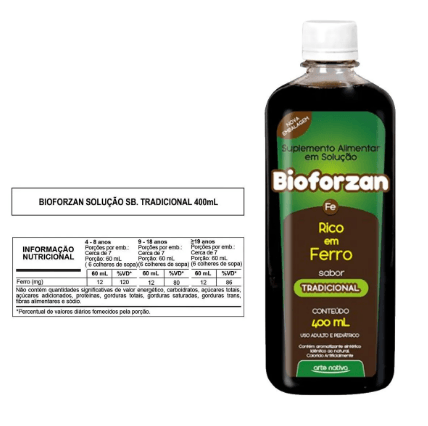 Bioforzan Rico em Ferro 400ml - suplemento alimentar em solução, sabor tradicional da Arte Nativa.