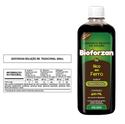Bioforzan Rico em Ferro 400ml - suplemento alimentar em solução, sabor tradicional da Arte Nativa.