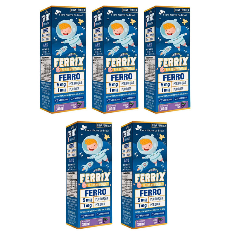 Kit C/5 Ferrix UVA 30ml Infantil Suplemento de Ferro Sabor Uva - Flora Nativa
