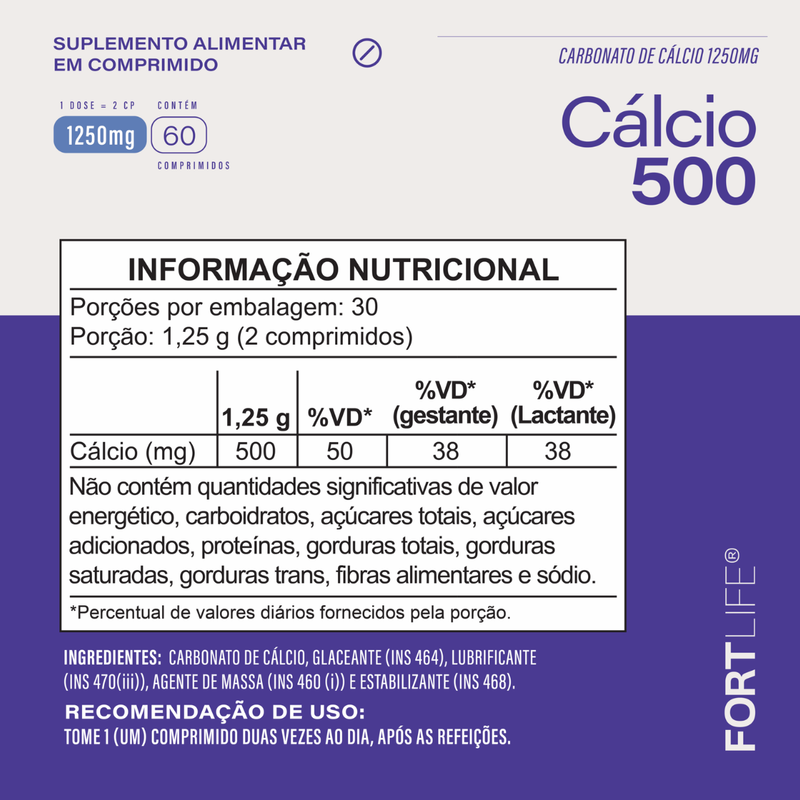 Cálcio 500 C/60 Comprimidos Saúde Óssea e Dentes Fortes - Fortilife