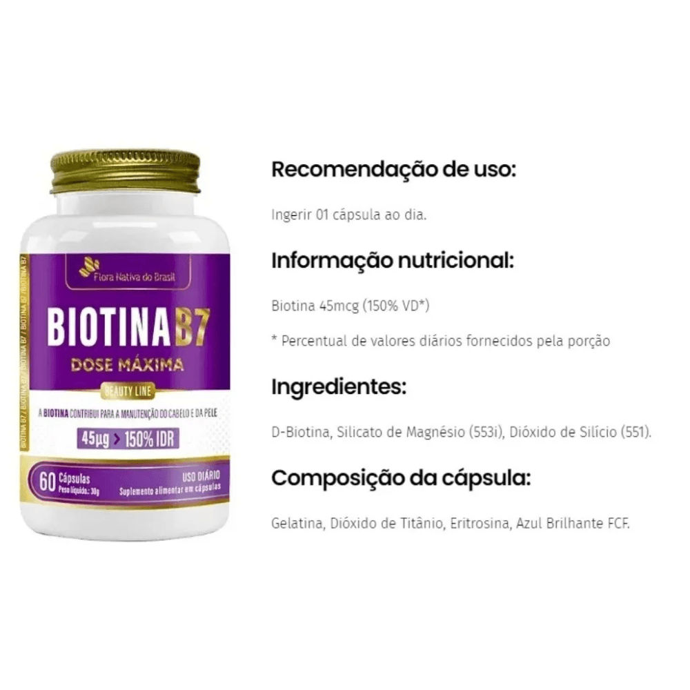 Biotina B7 Dose Máxima C/60 Cápsulas - Flora Nativa