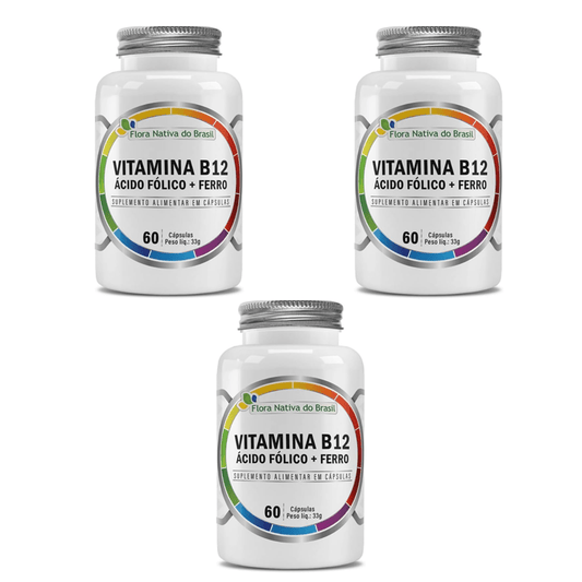 Kit C/3 Vitamina B12 + Ácido Fólico + Ferro 500mg C/60 Cápsulas - Flora Nativa