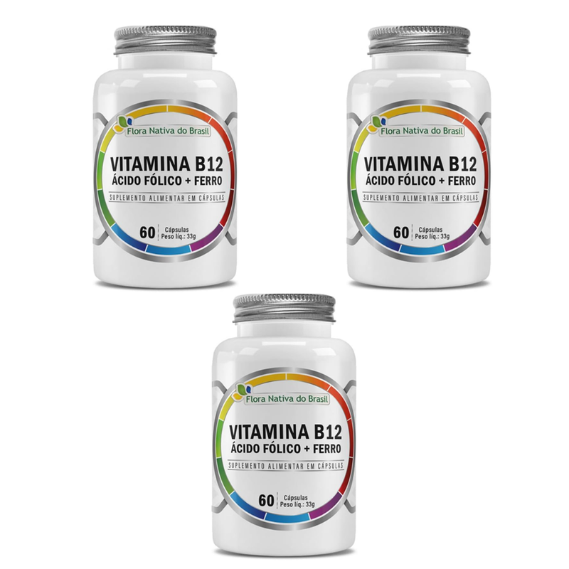 Kit C/3 Vitamina B12 + Ácido Fólico + Ferro 500mg C/60 Cápsulas - Flora Nativa