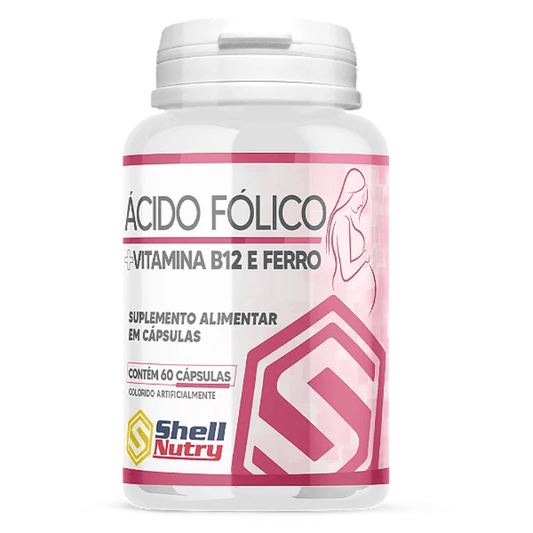Frasco de cápsulas de Ácido Fólico + Vitamina B12 e Ferro, suplemento alimentar para gestantes.