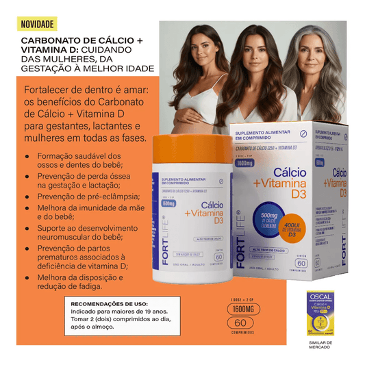 Cálcio vitamina D3 1600mg comprimidos Fortlife, suplemento para saúde óssea e bem-estar de mulheres.