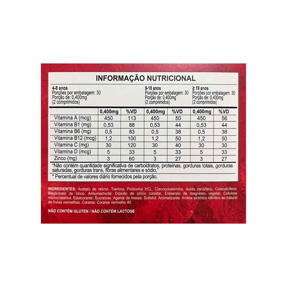 Informação nutricional dos comprimidos Blue Zinco Kids 60 Comprimidos Mastigáveis Sabor Frutas Vermelhas - Vita Blue.