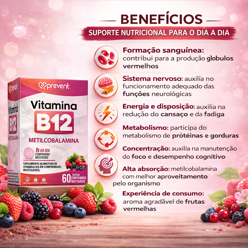 Kit C/2 Vitamina B12 Frutas Vermelhas C/60 Comprimidos - Prevent Pharma