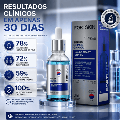 Sérum reparador GHK-Cu FortLife em embalagem com resultados clínicos em 30 dias, 30ml.