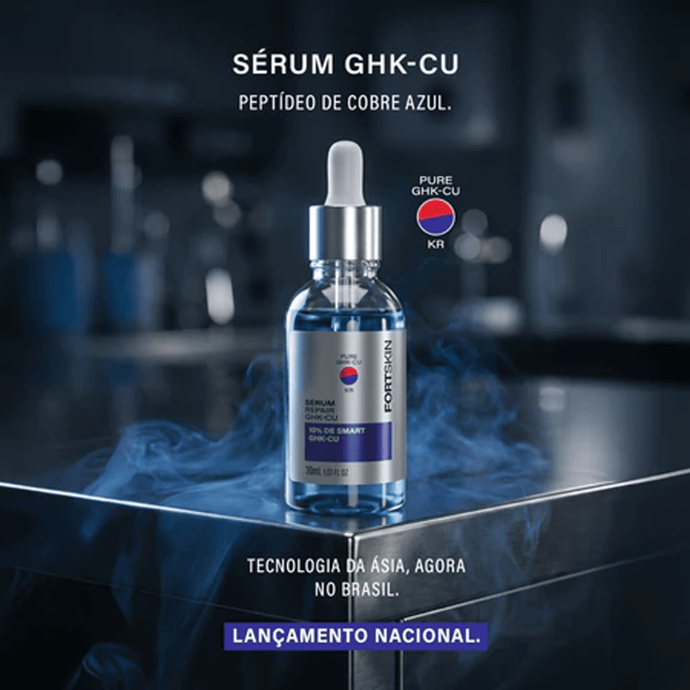 Sérum reparador GHK-Cu FortLife em frasco azul com conta-gotas, lançamento nacional.
