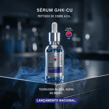 Sérum reparador GHK-Cu FortLife em frasco azul com conta-gotas, lançamento nacional.