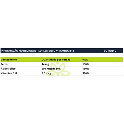 Vitamina B12 + Ácido Fólico + Ferro 500mg C/60 Cápsulas - Flora Nativa