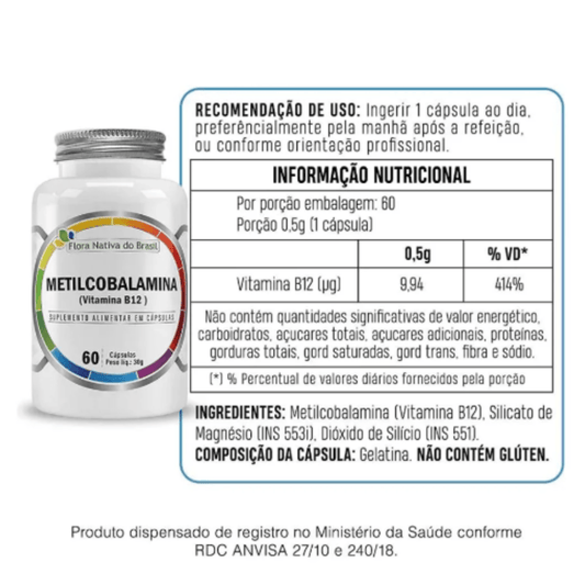 Metilcobalamina B12 60 Cápsulas - Energia, Foco Vitalidade - Flora Nativa