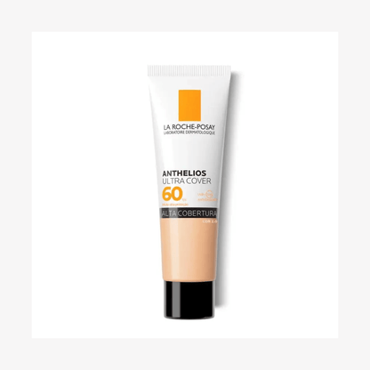 Protetor solar La Roche-Posay Anthelios Ultra Cover FPS 60 Tom Claro 2.0 para alta proteção e cobertura de maquiagem.