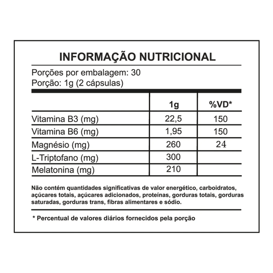 Tabela nutricional do suplemento para dormir Serenizz, contendo informações sobre vitaminas e minerais.