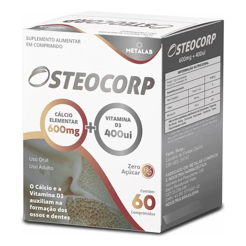 Osteocorp 600mg + Vitamina D3 400UI C/60 Comprimidos - Metalab