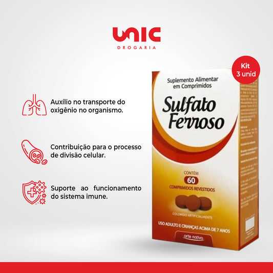 Kit c/3 Sulfato Ferroso 60 Comprimidos Arte Nativa