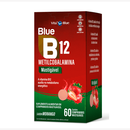 Embalagem de Blue B12 60 comprimidos mastigáveis sabor morango, vitamina b12, metilcobalamina.