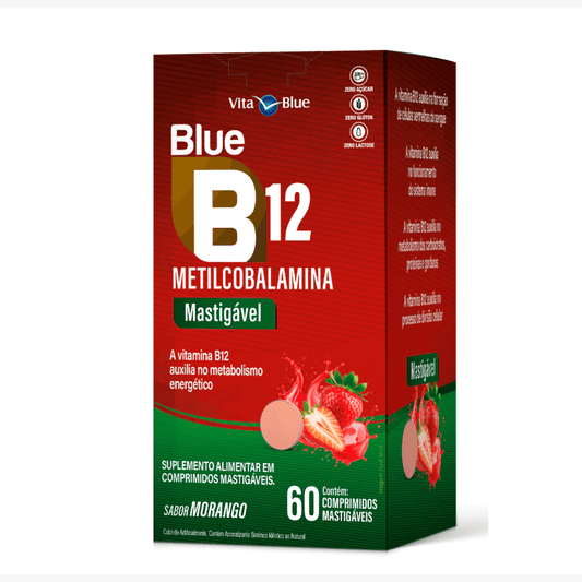 Embalagem de Blue B12 60 comprimidos mastigáveis sabor morango, vitamina b12, metilcobalamina.