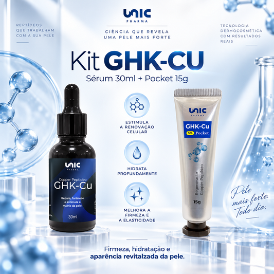 Kit de sérum peptídeos GHK-CU, incluindo sérum 30ml e pocket 15g da Unic Pharma.