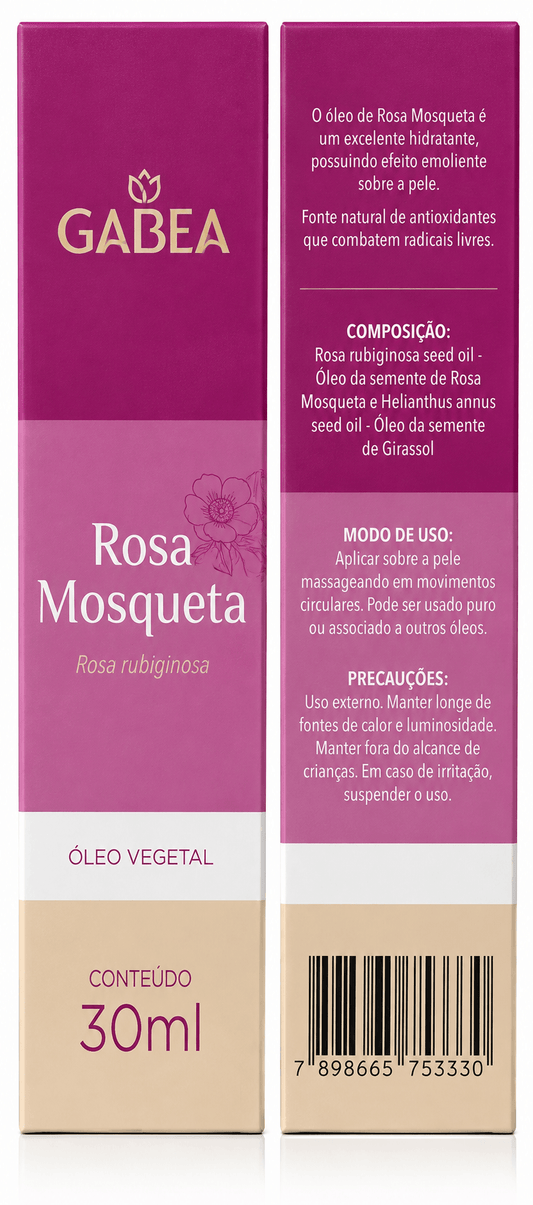 Óleo de rosa mosqueta Gabea 30ml, embalagem com informações sobre benefícios e uso do produto.