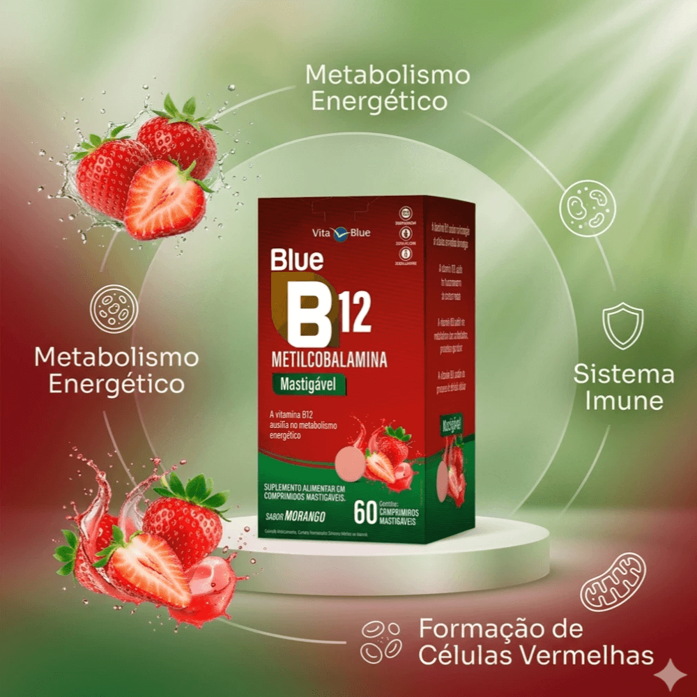 Embalagem do Blue B12 60 comprimidos mastigáveis de morango da Vita Blue, suplemento de vitamina b12