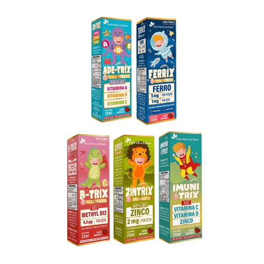 Imagens dos produtos do Kit Flora Nativa com vitaminas para imunidade infantil e formulações em gotas.