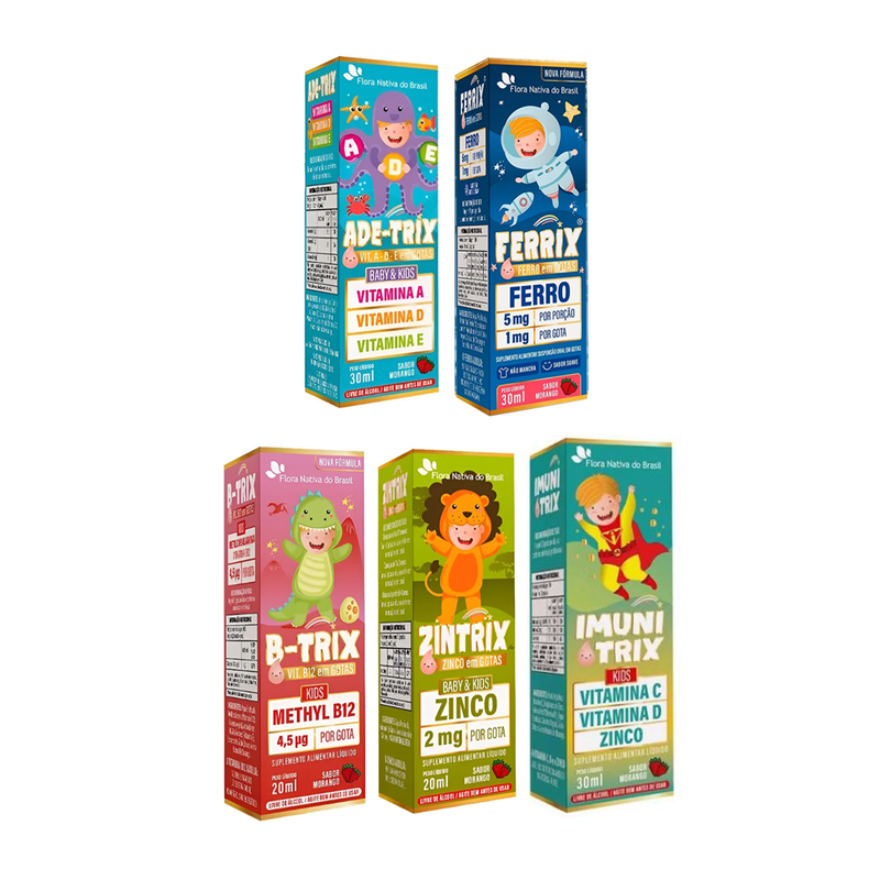 Kit Vitaminas Infantil Flora Nativa ADE-Trix, Ferrix, B-Trix, Zintrix e ImuniTrix
