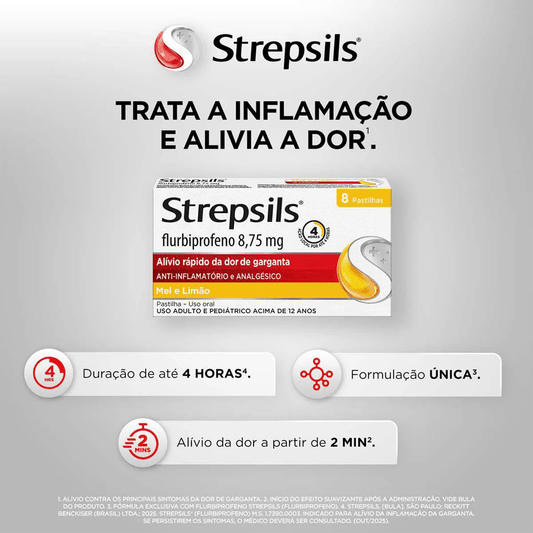 Pastilhas para Garganta Strepsils Mel e Limão 8 Unidades