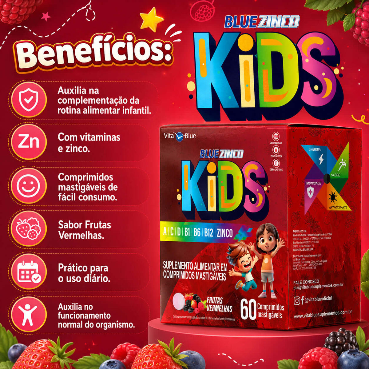 Blue Zinco Kids 60 Comprimidos - Suplemento mastigável com sabor frutas vermelhas e benefícios nutricionais para crianças.