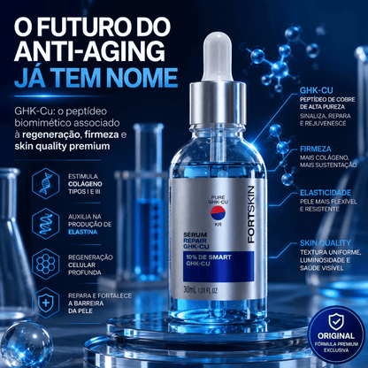 Sérum reparador GHK-Cu FortLife 30ml, ajuda na regeneração e firmeza da pele, promovendo qualidade premium.