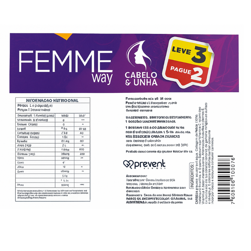Femme Way Cabelo & Unha Leve 3 Pague 2 C/30 Cápsulas Cada - Prevent Pharma