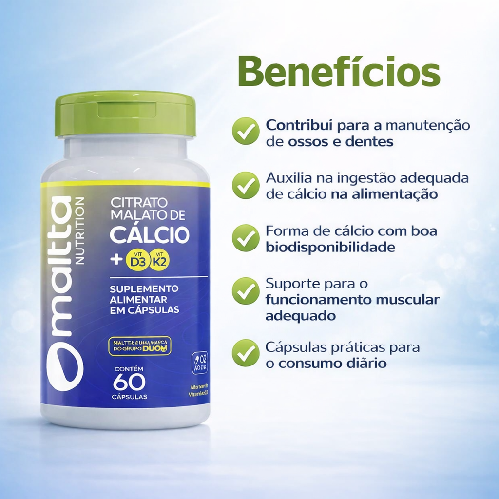 Citrato Malato de Cálcio + Vitamina D3+K2  C/60 Cápsulas - Maltta