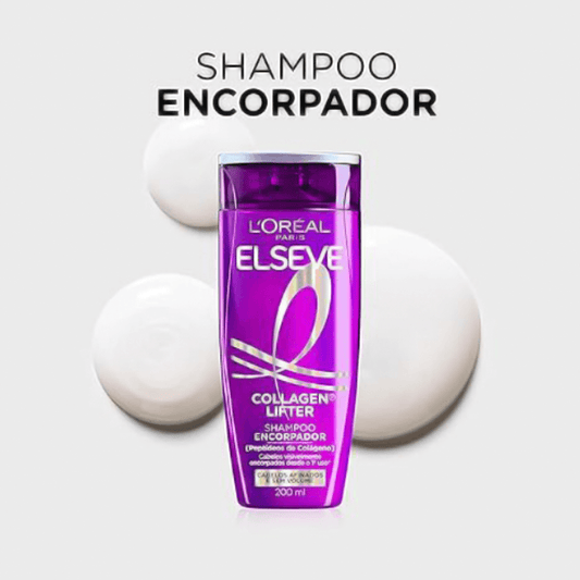 L'Oréal Paris Elseve Collagen Lifter Shampoo 200ml com fundo branco e textura cremosa ao redor.