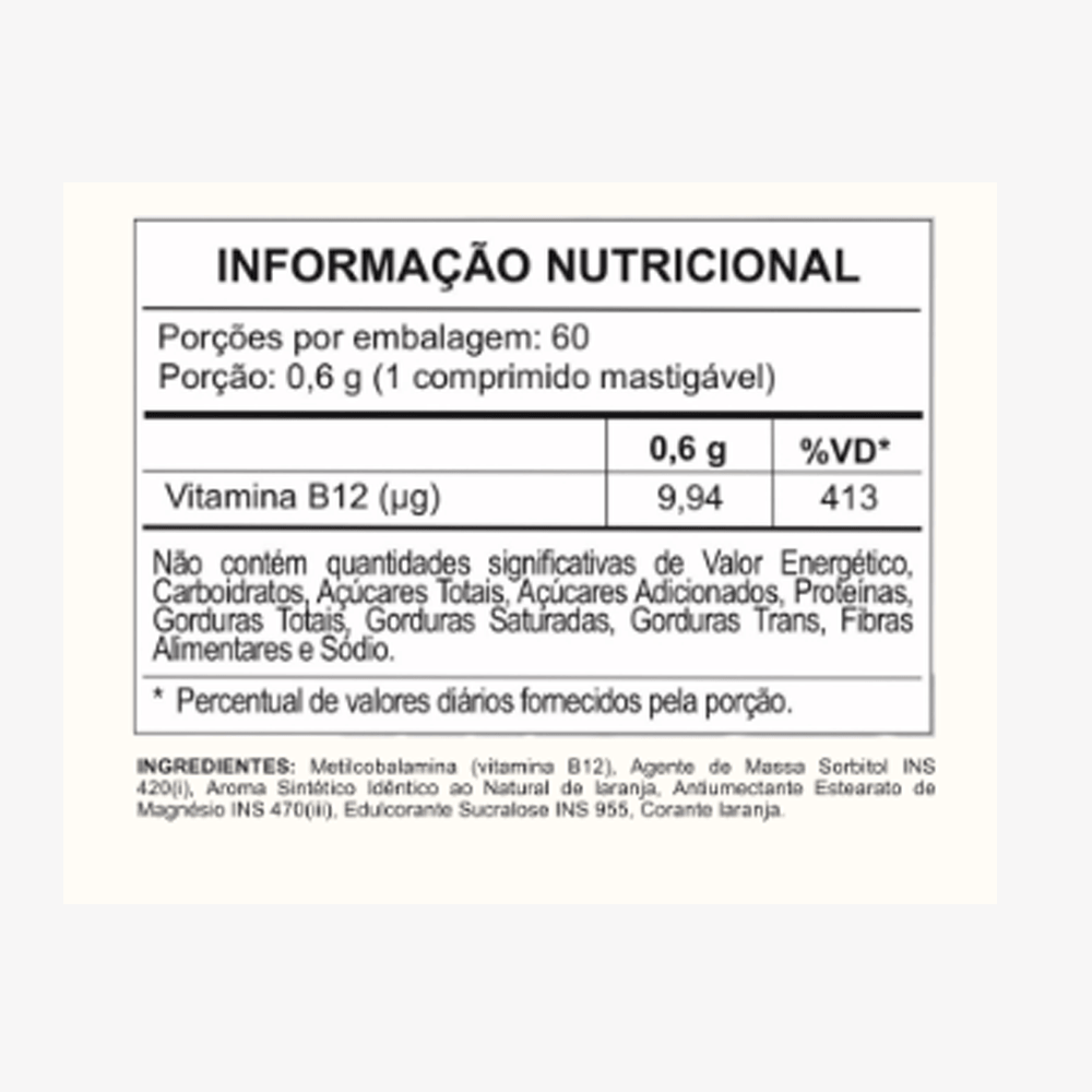 informação nutricional do suplemento Blue B12, destacando a vitamina b12 e sua quantidade por porção.