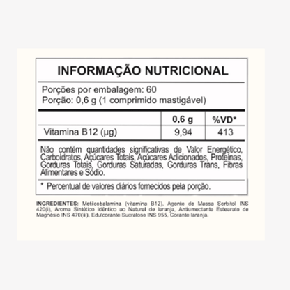 informação nutricional do suplemento Blue B12, destacando a vitamina b12 e sua quantidade por porção.