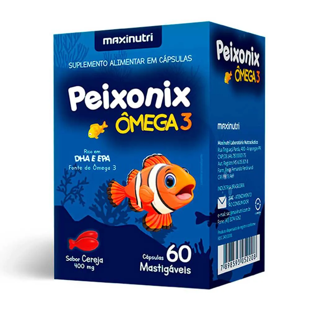 Peixonix Ômega 3 Mastigável Sabor Cereja 60 Cápsulas embalagem com peixe e cápsulas mastigáveis sabor cereja.