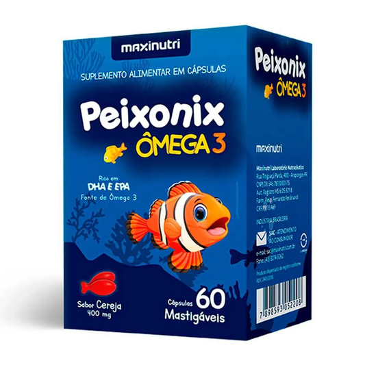 Peixonix Ômega 3 Mastigável Sabor Cereja 60 Cápsulas embalagem com peixe e cápsulas mastigáveis sabor cereja.