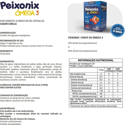 Peixonix Ômega 3 Mastigável Sabor Cereja 60 Cápsulas embalagem e informações nutricionais